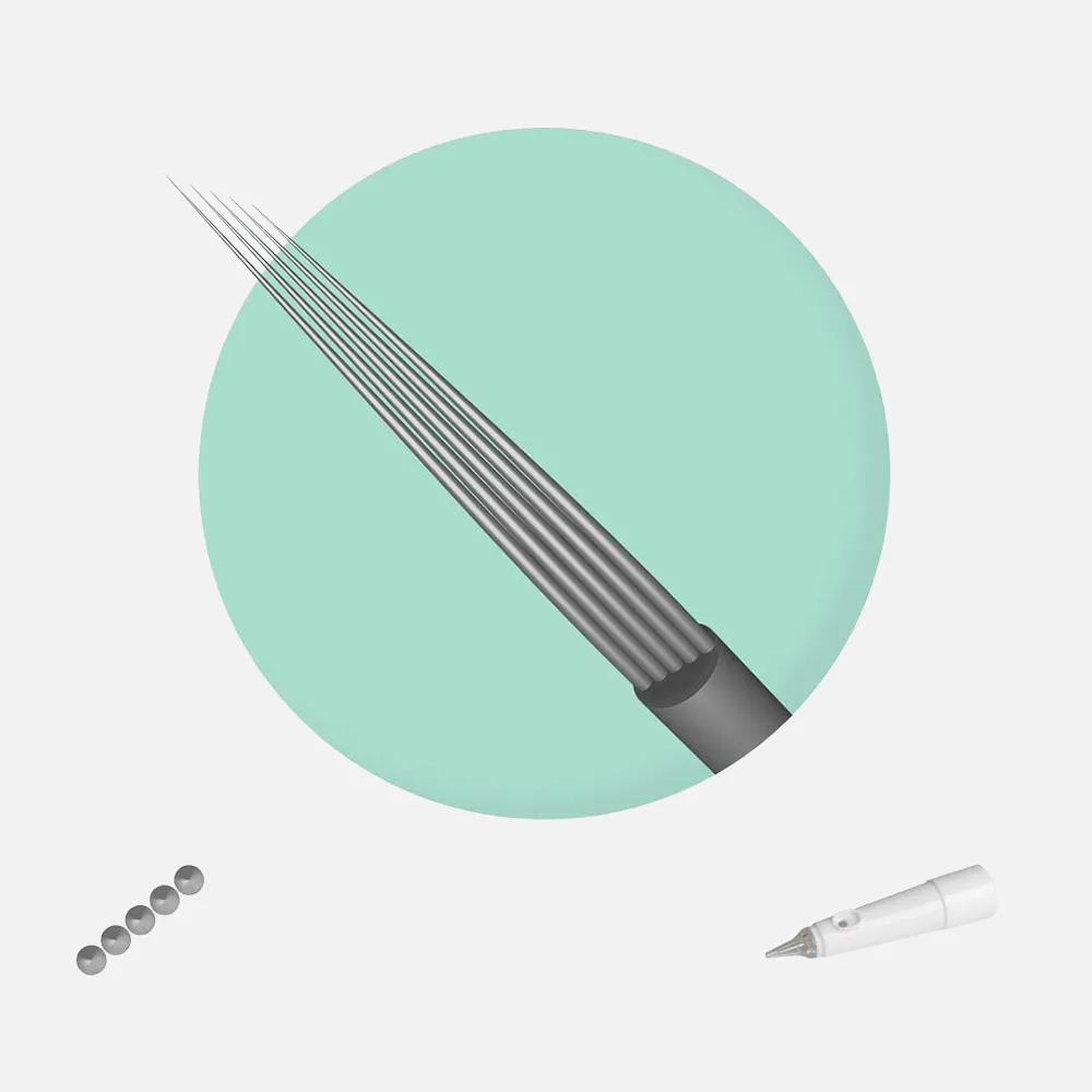 Aghi 5 punte Slope: ergonomia ottimale per sfumature sofisticate e riempimenti naturali. Perfetti per full‑lips e dermopigmentazione medicale